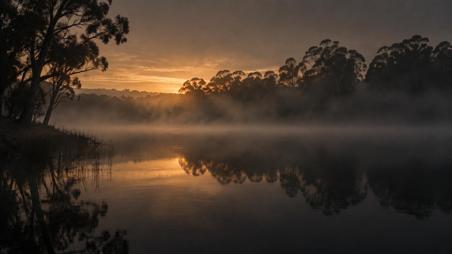 Mist drifting across a still lake at dawn, framed by silhouetted eucalyptus trees